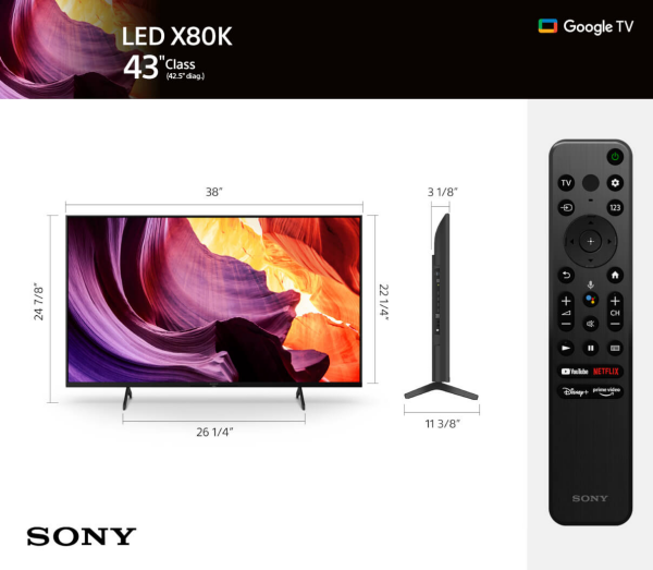 Sony KD43X80K 43" Class X80K 4K HDR LED TV with Google TV (2022)